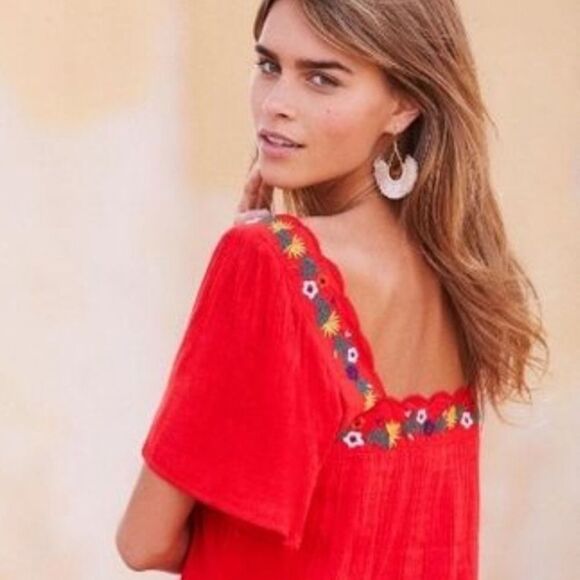 Sézane Bea Blouse Cherry Red Embroidered Sqaure Neckline French Girl Boxy Top - Picture 5 of 10